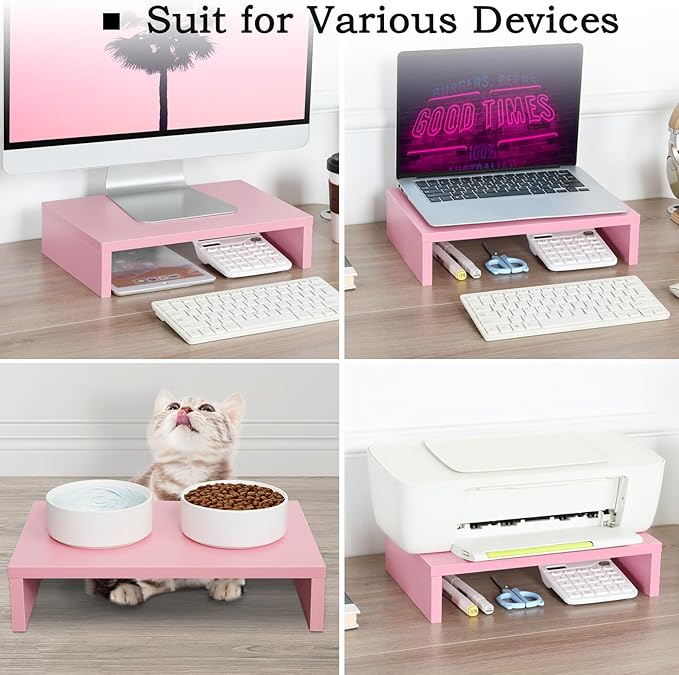 TEAMIX Pink Monitor Stand Riser-2 Pack, Wood 2 Tier Adjustable Monitor Stand - Image 6