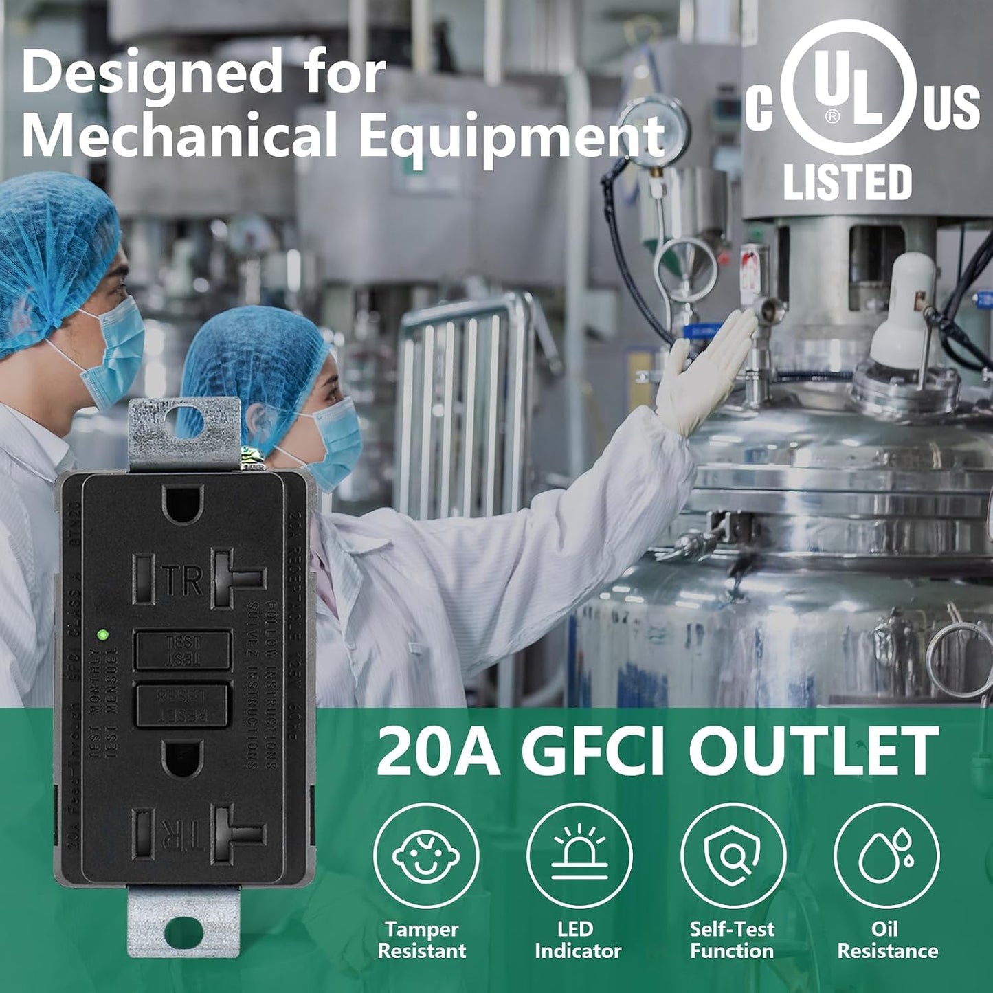 20 Amp Generator GFCI Outlet 125V, UL 2018 Standard, Self-Test Industrial Grade Ground Fault Circuit Interrupter, Oil-Resistant Nylon for Portable Generators & Construction Machinery, Black