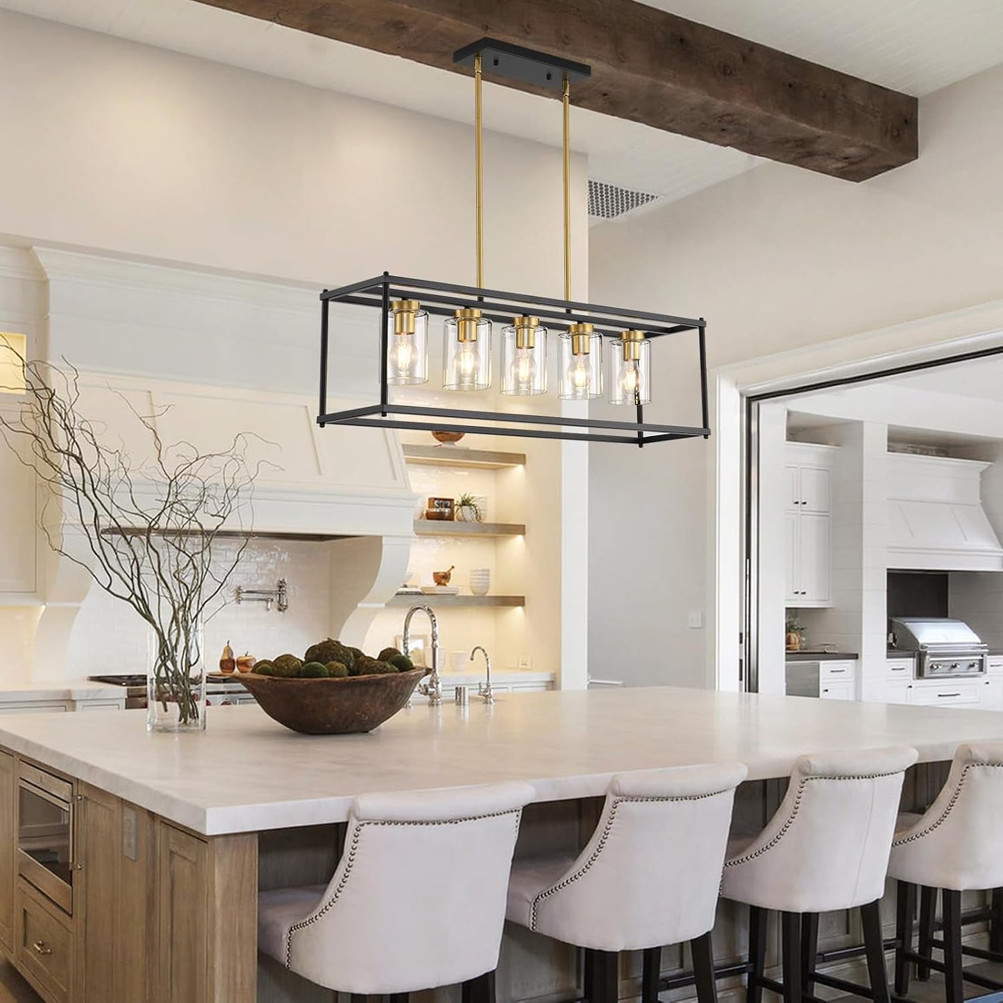 5-Light Dining Room Fixture Black and Gold Kitchen Island Lighting