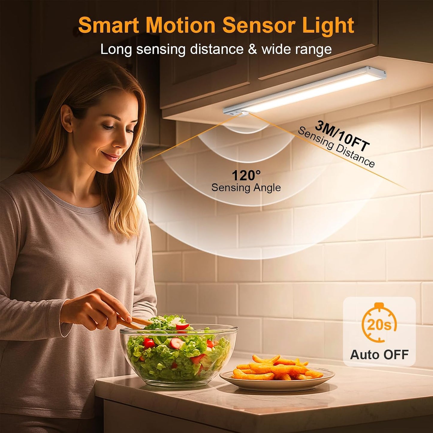Gritin 10.2inch Under Cabinet Lighting Rechargeable 2 Pack- 3 Color Temps&5 Level Brightness, Super Bright, 4 Modes, Motion Sensor, Long Lasting - Easy Installation Magnetic Under Closet Lights