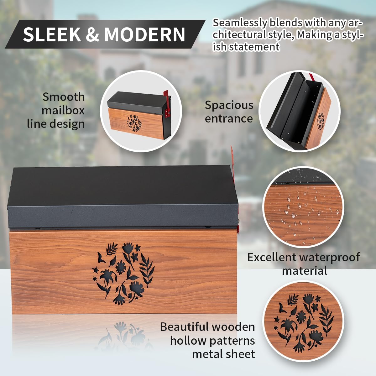 Ydocabinit Wall Mount Mailbox, Large Capacity Mailbox for House Outside with Flag Kit Galvanized Steel Rust-Proof Metal Post Drop Box, 15.74"×9.84"×4.33" Flower Hollowed Wooden Patterned Metal Sheet