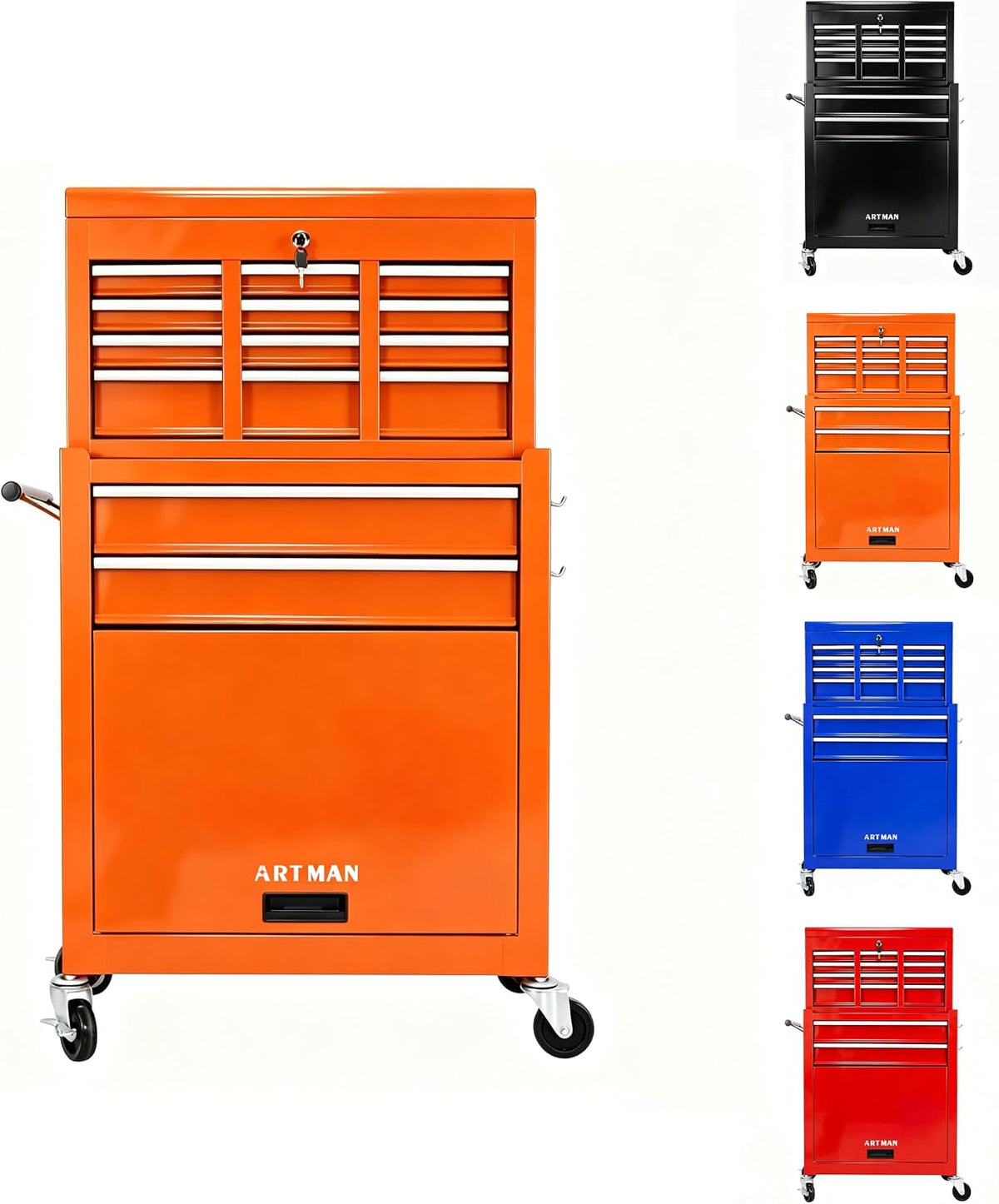 8-drawer tool chest, detachable top box for garage,orange shown in use