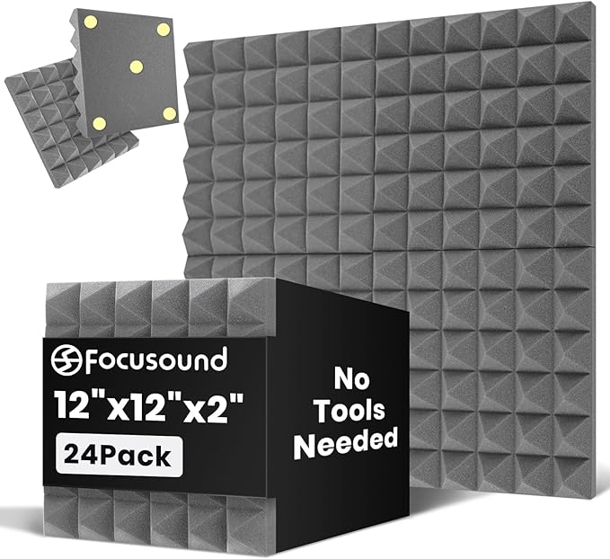 Focusound Grey Acoustic Panels 24 Pack 2"x12"x12" by Focusound