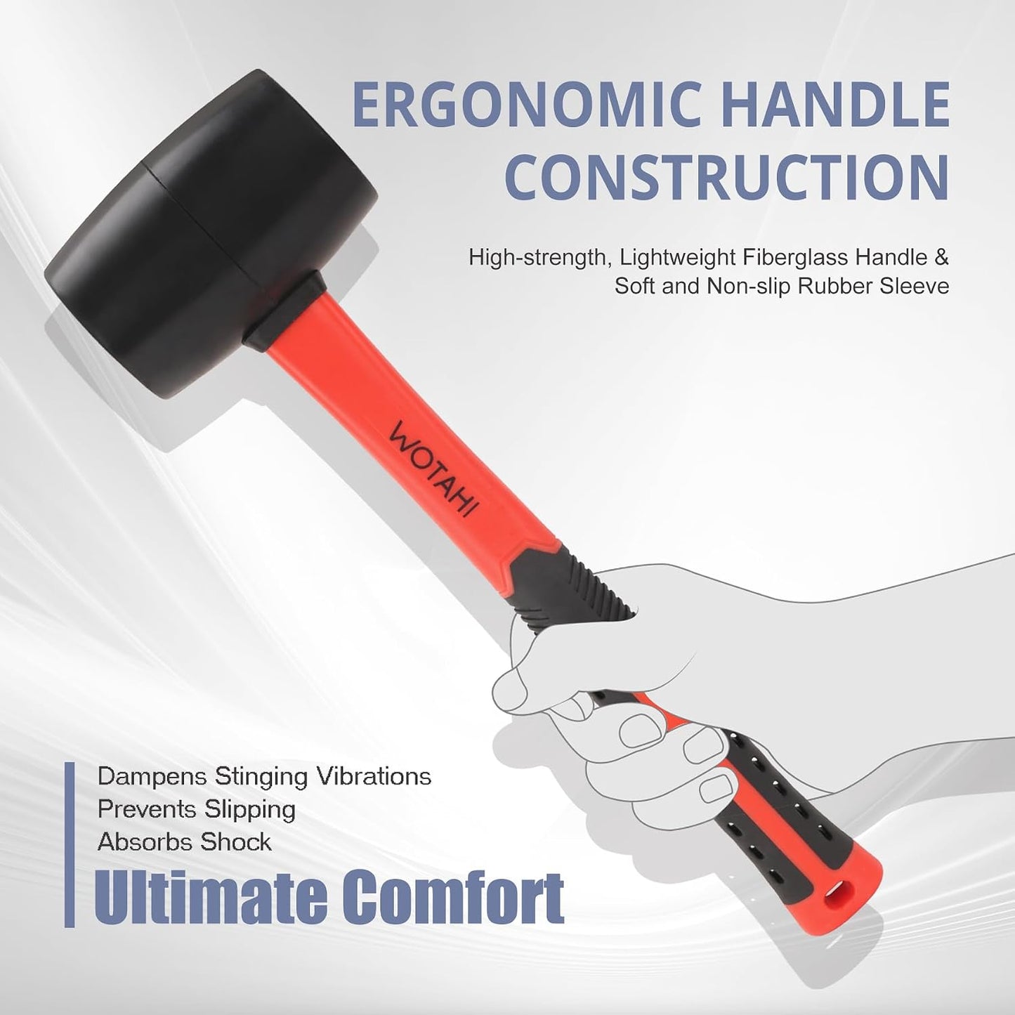 16 oz Rubber Mallet Hammer | Double Faced Solid Head and Soft Grip Fiberglass Handle