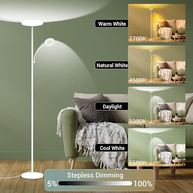 marctronic White Floor Lamp, 42W 4000LM Super Bright LED Room Lamp - Image 3