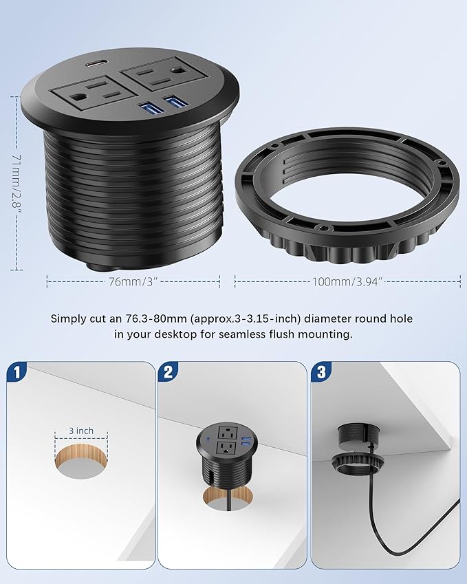 Recessed Power Grommet with AC Outlets, 20W Fast Charging USB-C Port - Image 6