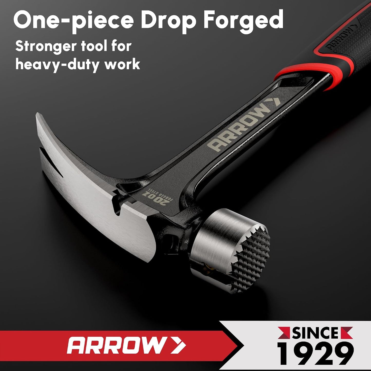ARROW 20 oz Straight Claw Hammer with Magnetic Nail Holder, Side Nail Puller, Rip Claw Hammer with Milled Face & Shock Absorbing Grip, Heavy Duty One-piece Forged Hammer (Pack of 2)