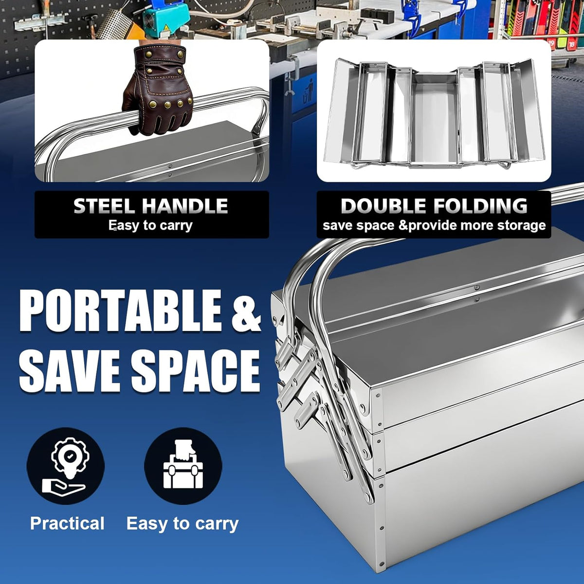 metal cantilever tool box, 3-tier 5 tray fold showing dimensions
