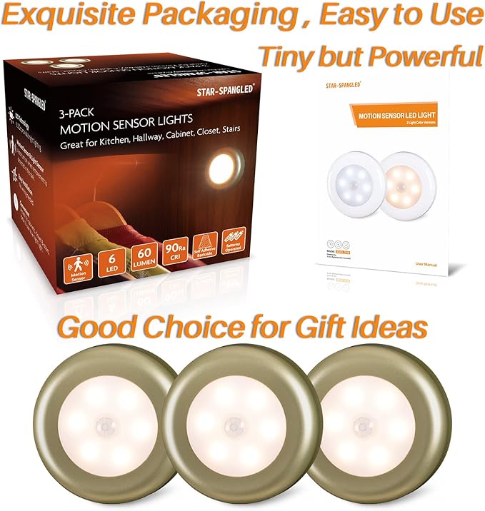 STAR-SPANGLED 3 Pack 2.8” Motion Sensor Lights Indoor AAA Battery Operated - Image 6