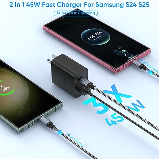 Extra Long 10Foot 45W Samsung USB C Fast Charger Block Dual Port PD Power - Image 2