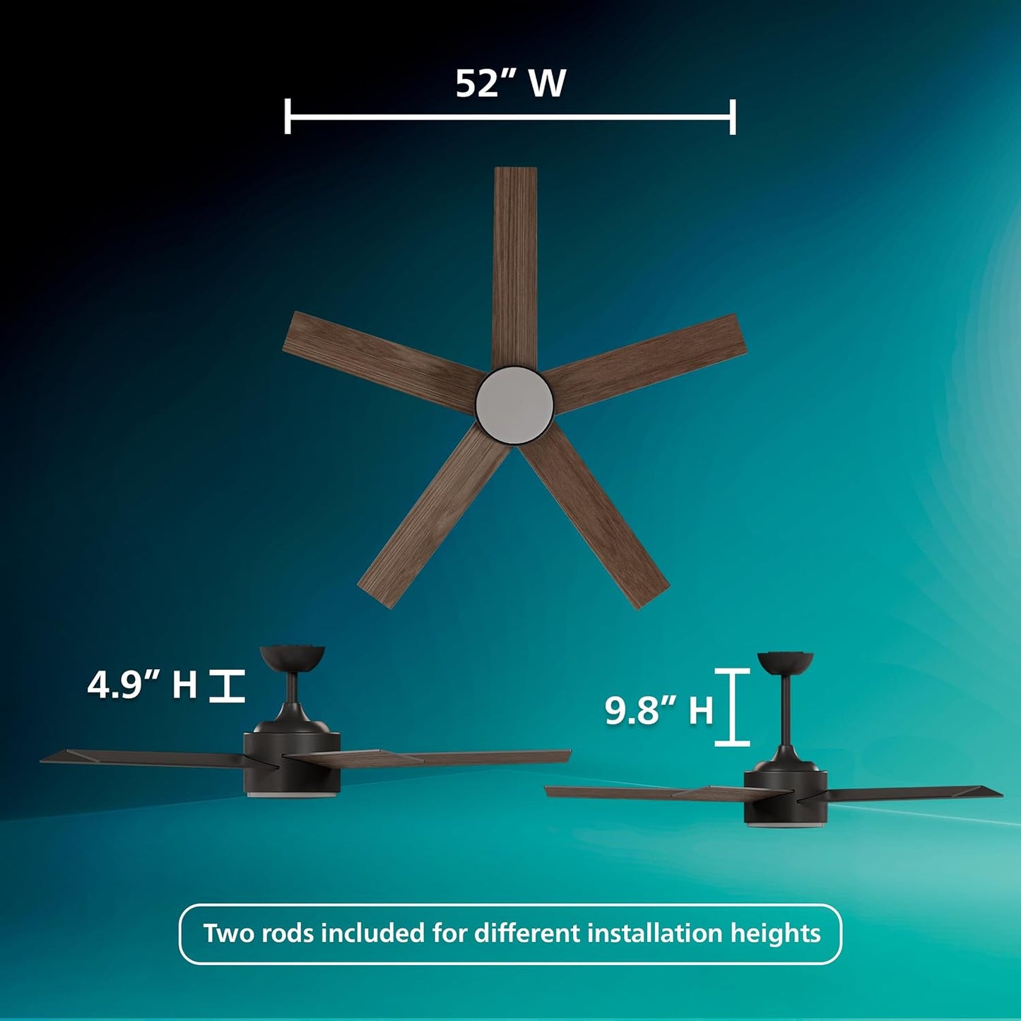 PHILIPS Indoor Ceiling Fan, Dark, with Bright LED Light, 2650 lm, 5 Blades, 5400 CFM, 6 Speeds, 2 Airflow Modes, Selectable White Light, Dimmable, Reversible Blades
