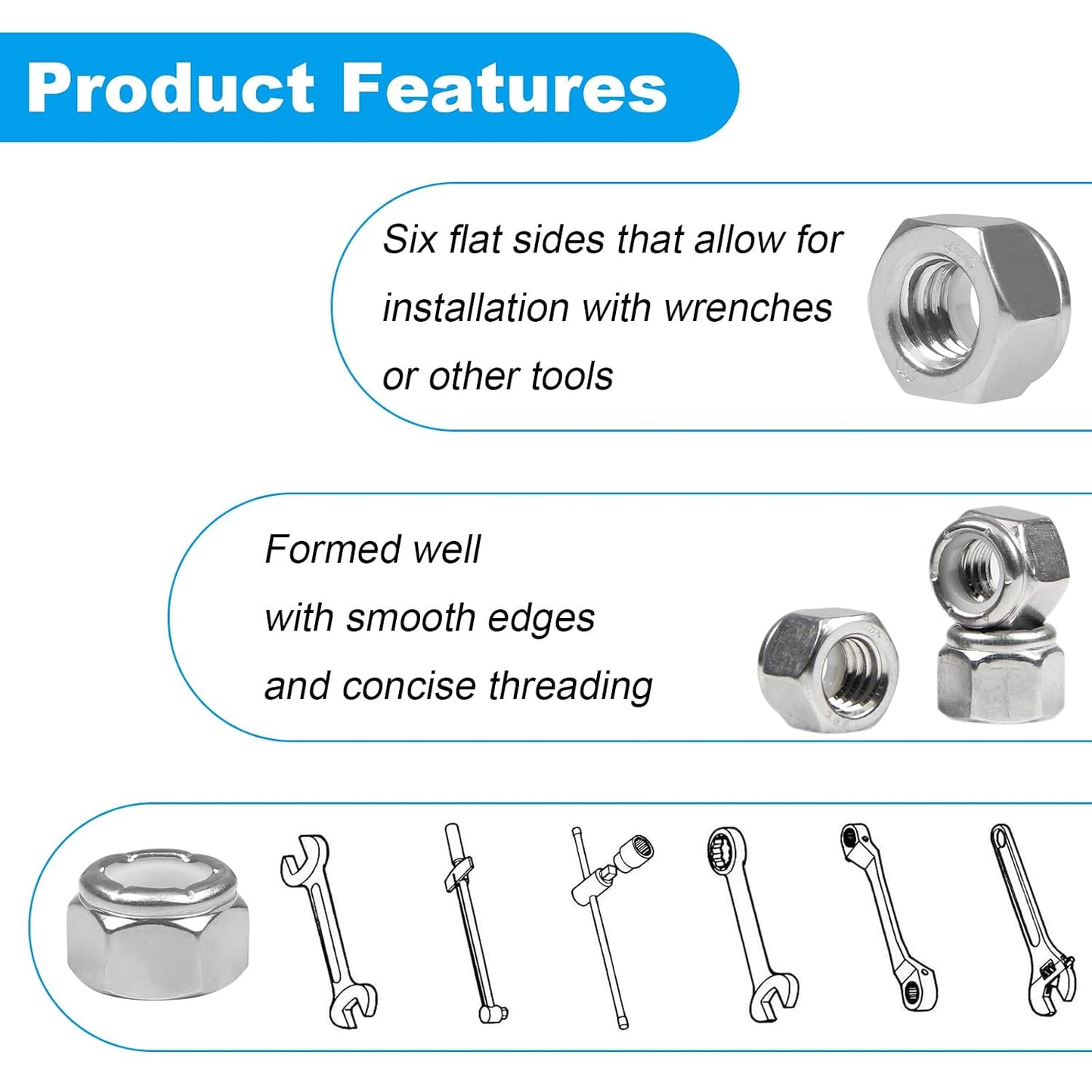 120PCS #8-32 Nylon Insert Hex Lock Nuts,304 Stainless Steel | Locknuts,Hex Drive,Coarse Thread,Self-Locking Nuts for Industrial Construction Fasteners