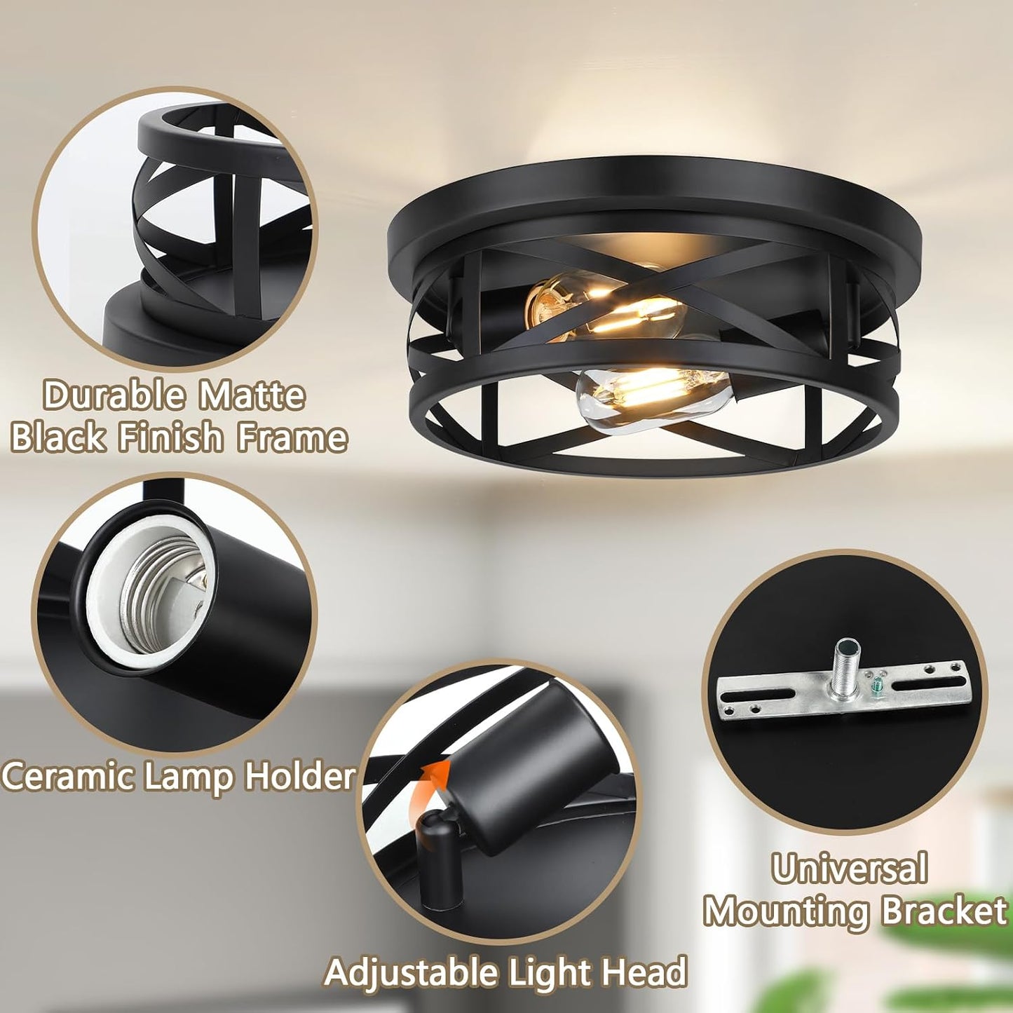 2-Light Flush Mount Ceiling Light Fixtures, 2-Pack | Farmhouse Black Ceiling Lights, Industrial Metal Cage Light Fixtures with Adjustable Head for Bedroom Hallway Kitchen