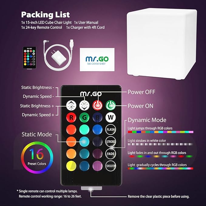 Mr.Go 15-Inch LED Cube Chair, 16 Dimmable RGB Colors Cube Seat w/Remote - Image 8