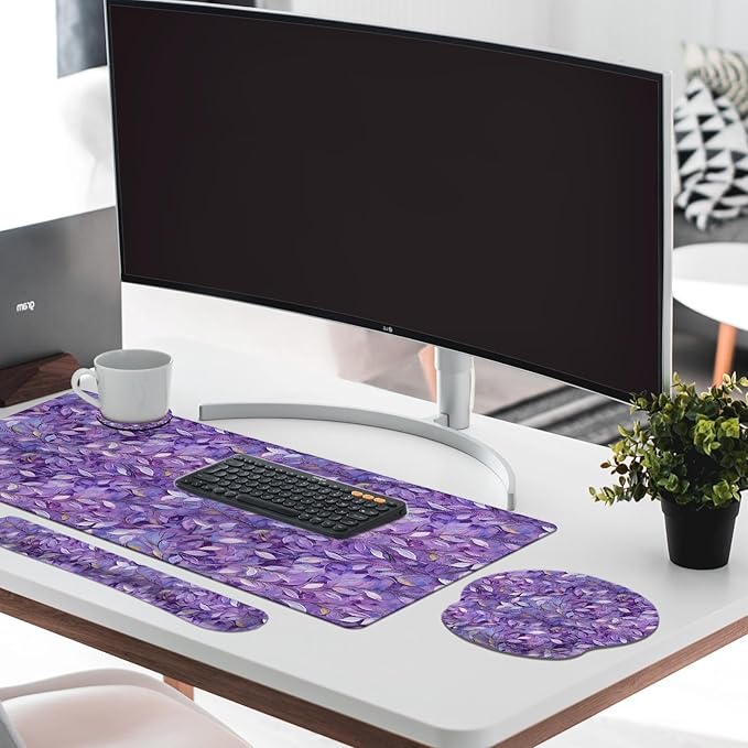Britimes Purple Oil Painting Leaves Keyboard Mouse Pad Set Plant 4in1 Large - Image 3