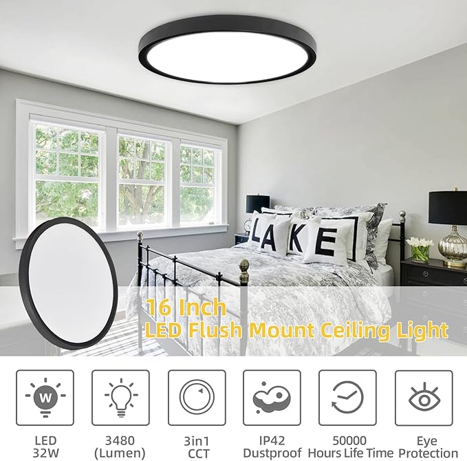 RLEDPZTX Led Flush Mount Ceiling Light, 16 Inch 32w 3480lm, 3000k/4000k/6000k - Image 2