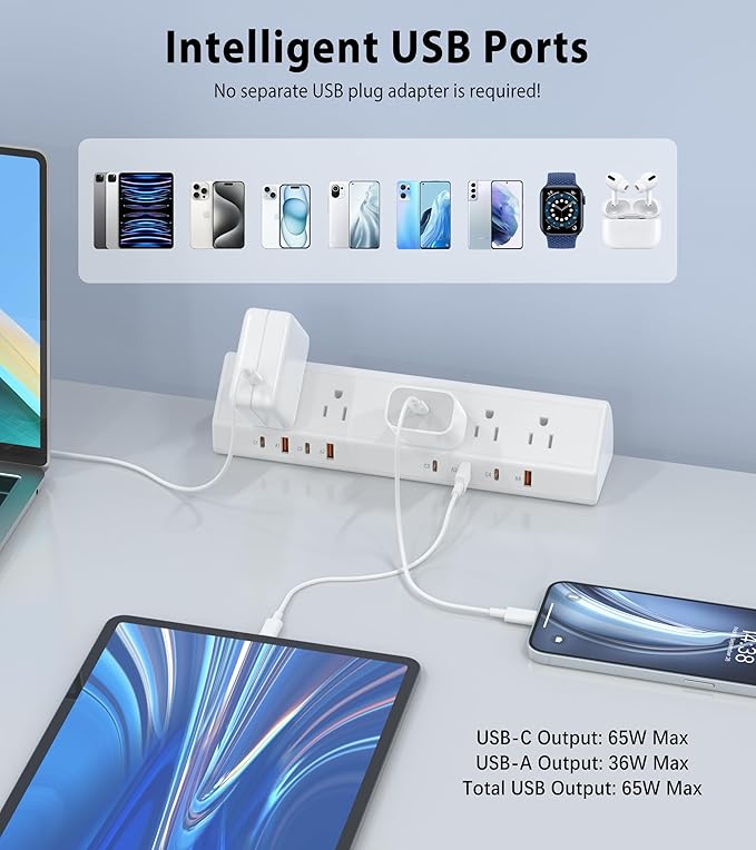 Desk Clamp Power Strip 65W Fast Charging Station, 4 PD USB-C, 5 Outlets - Image 5