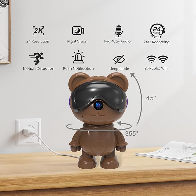 dzcctvipc Cute Bear 2K Robot & Pet Camera – Hidden Indoor Security, Motion & - Image 5