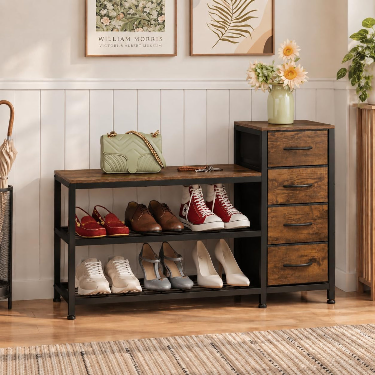 exotica industrial shoe storage bench with 4 drawers, main product view