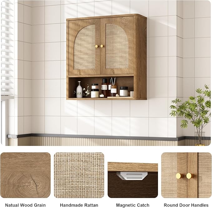 RUSTOWN Rattan Bathroom Wall Cabinet, Over The Toilet Storage Cabinets - Image 3