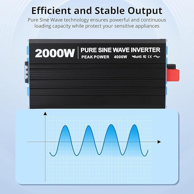 2000W Pure Sine Wave Inverter, 1 USB Port 5v/2.1a, LCD Display&Remote Controller - Image 2