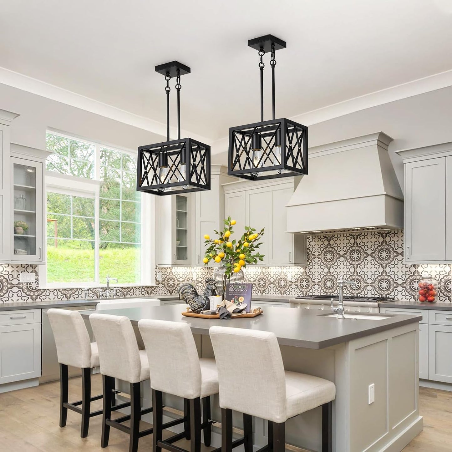 KEESFU Black Farmhouse Pendant Light, 2 Lights Small Kitchen Lighting Fixtures, Adjustable Height, Industrial Dining Room Light for Living Room Foyer Dining Table Over Sink.