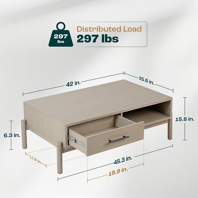 Bme Coffee Table for Living Room, Lyra Solid Wood Rectangle, Mid Century Modern - Image 2