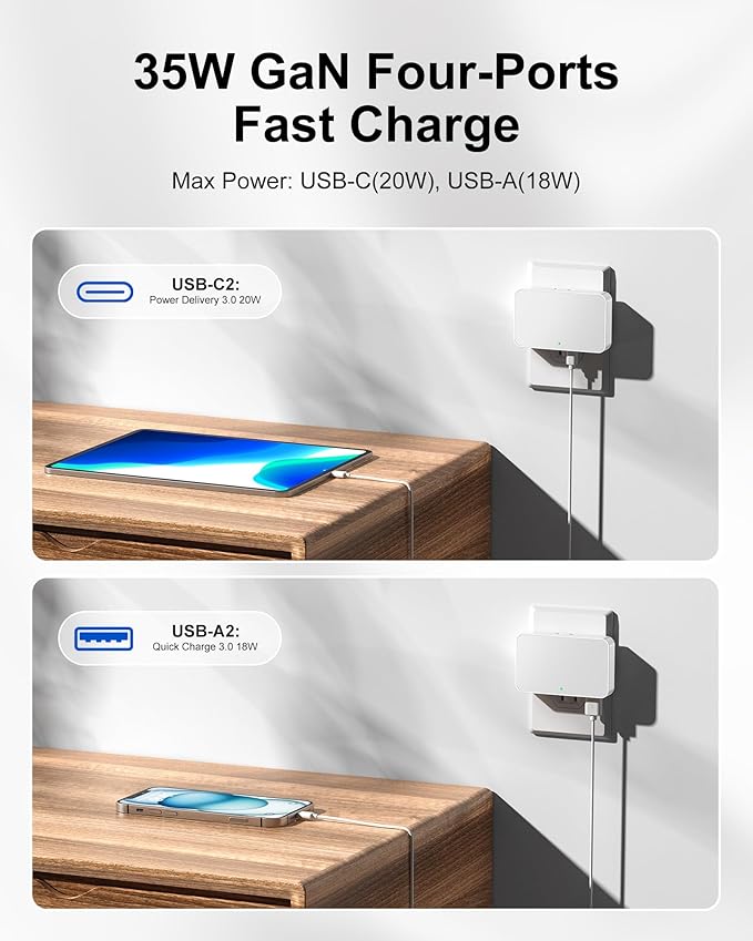 KWRNVO Flat USB Wall Charger 4 Ports Slim 35W USB-C/A Flodable Plug Fast - Image 5