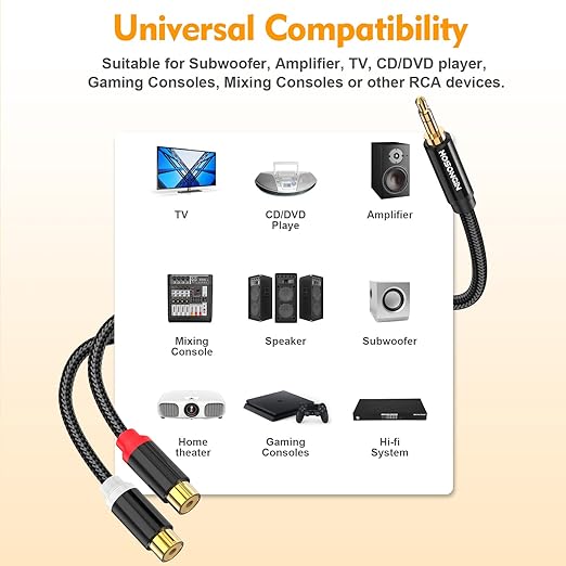 HOSONGIN RCA Female to 3.5mm Male Audio Cable 2 Pack, DJ Gear – Nylon Braided - Image 3