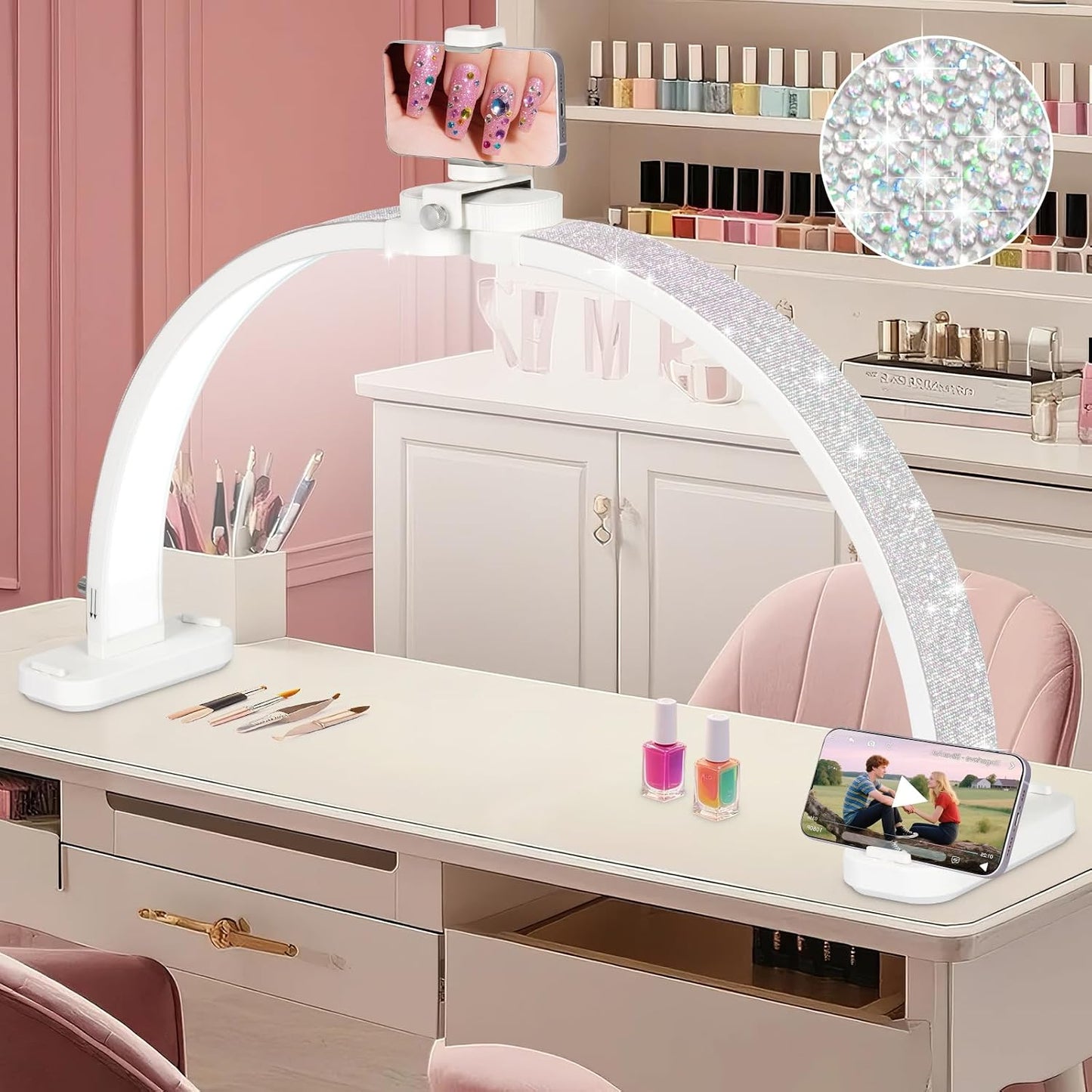 HITTI 31in Half Moon Light for Nail Desk, Foldable, Crystal Diamond | Phone Stand, LED Brightness and Color, 48W, Arch Nail Tech Table Lamp for Manicure, Craft, Art, Eyelash Extension