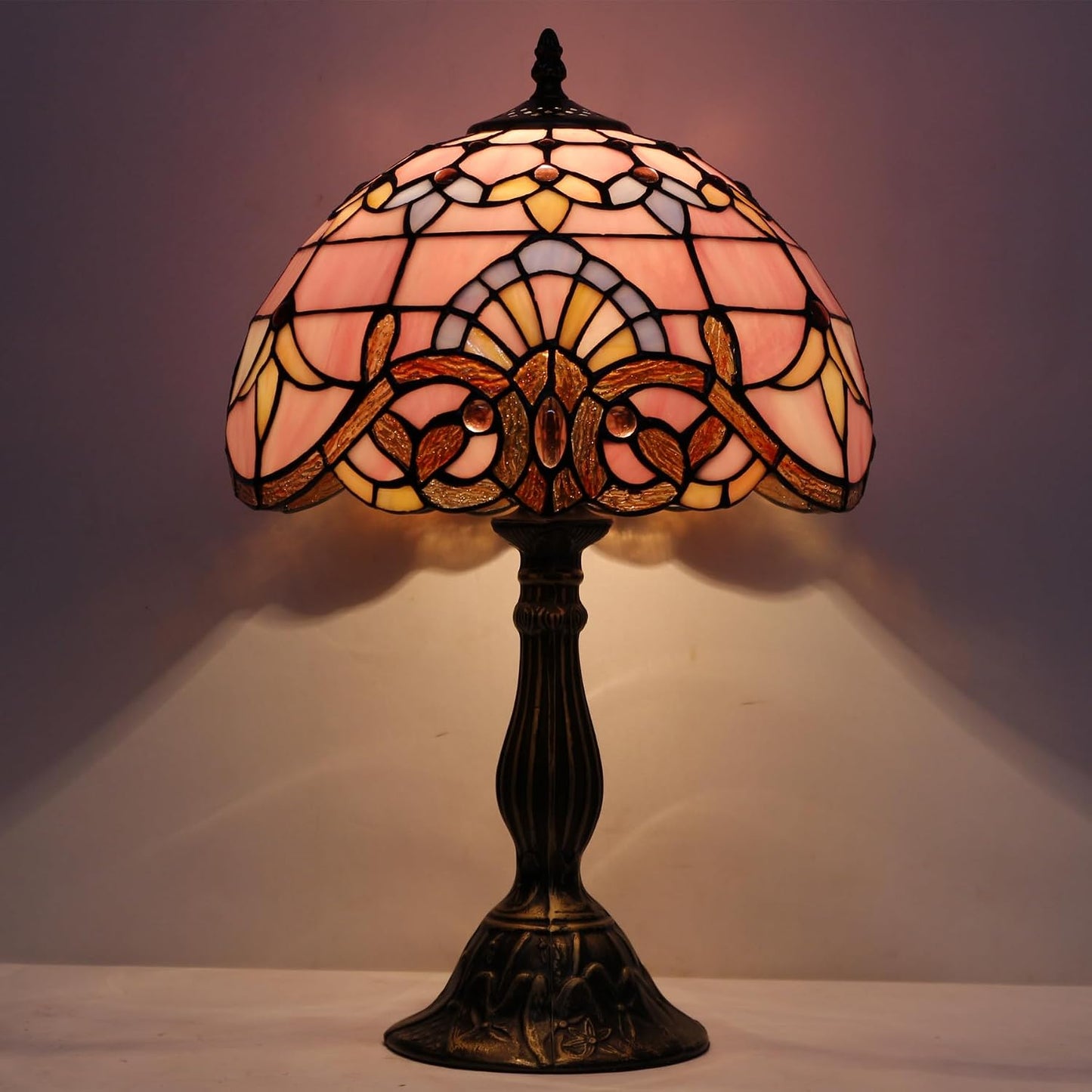 WERFACTORY Tiffany Lamp Bedside Pink Stained Glass Table Lamp 18 Inch Tall | 12X12X18 Inch Pink Baroque Style Lavender Reading Desk Light Decor Bedroom Living Room Home Office S003P Series