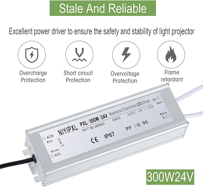 LED Driver 300 Watts 24V DC Transformer， Waterproof IP67 Power Supply, 24V DC - Image 2