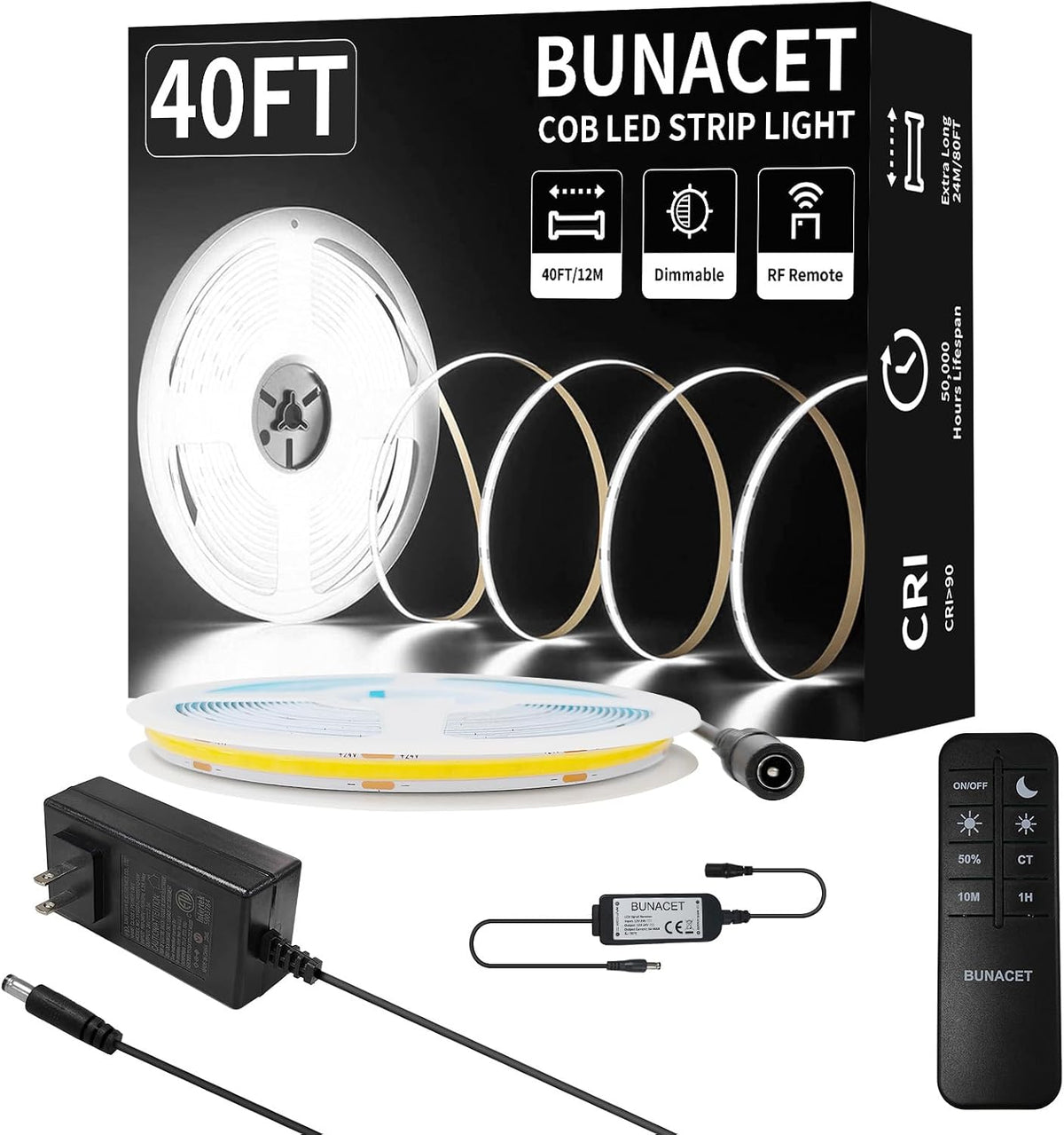 BUNACET COB LED Strip Light 40ft/12m Cool White 6500K High Lumen CRI 90+
