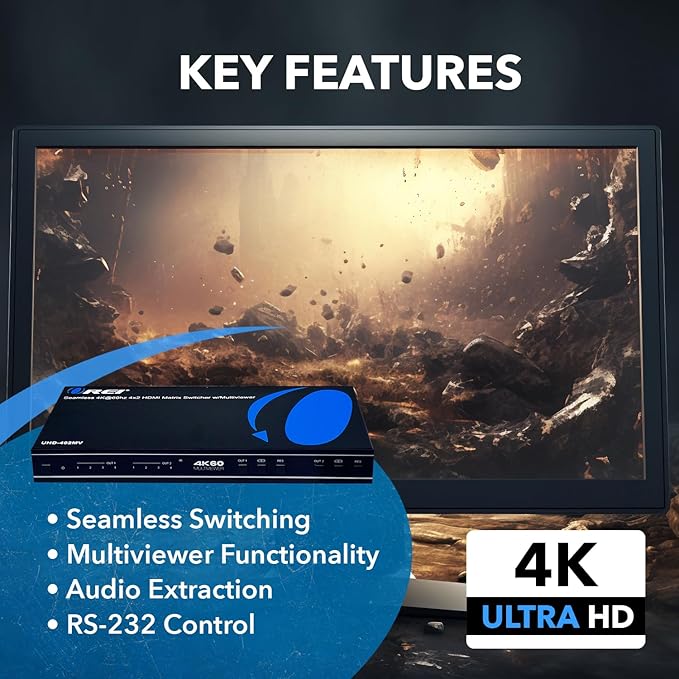 OREI 4K Multi HDMI Viewer Quad 4 in 2 Out, Matrix Switcher 4 Ports Seamless IR - Image 9