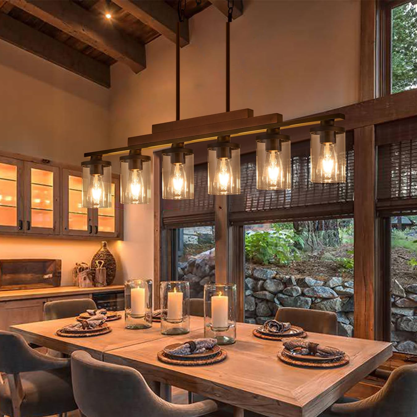 Farmhouse Chandelier 6-Light Dining Room Light Fixture Over Table Kitchen Island Lighting Rustic Chandeliers for Dining Light with Glass Shade Wood Pendant Lights Kitchen Island