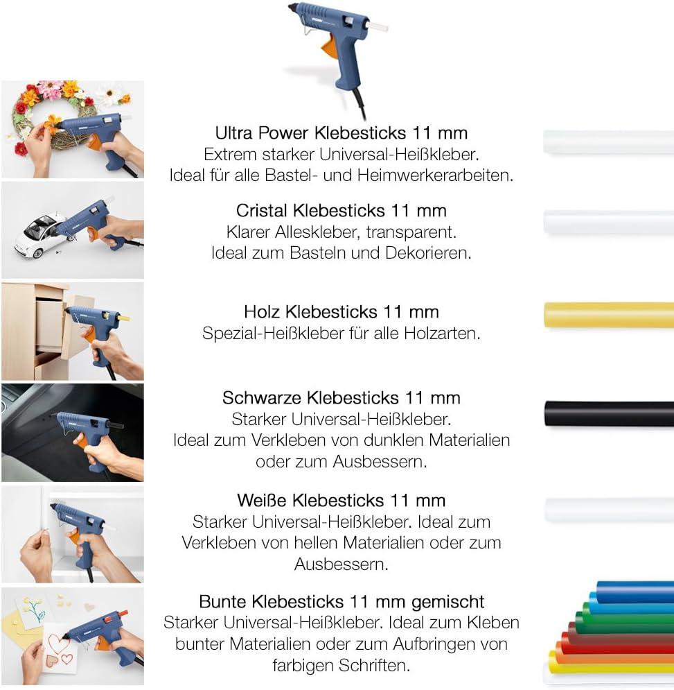 Steinel Gluematic 3002 - hot-melt glue gun with PTC heating technology, delivery rate of 16 g/min, incl. 3 ULTRA power glue sticks 11 mm, for home, hobby and trade operations, 332717