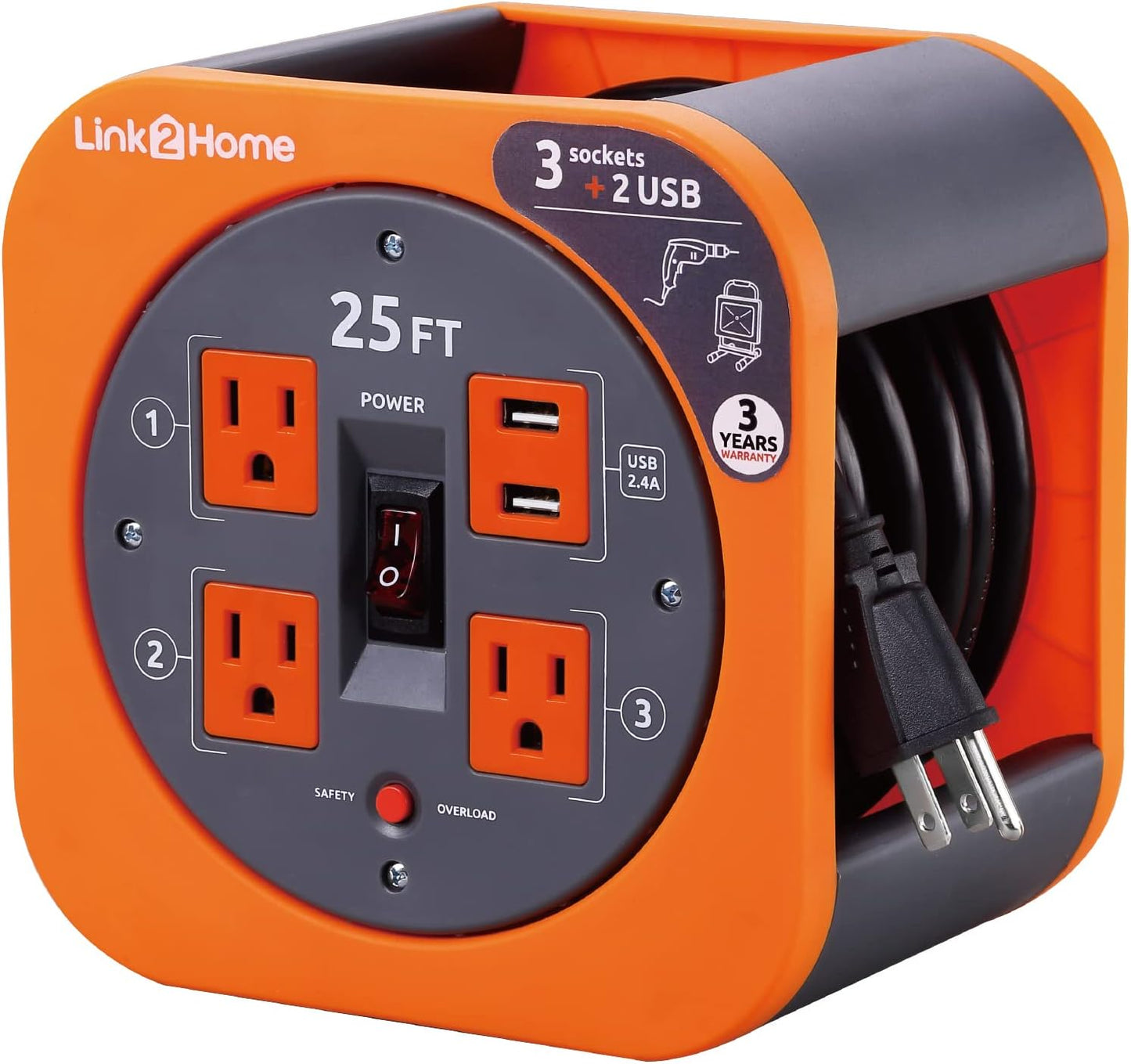 Link2Home 25 Ft. Extension Cord Reel, 4 Outlets, 2 USB Ports | 16 AWG SJT cable, 2.4A fast-charge USB, compact storage reel design