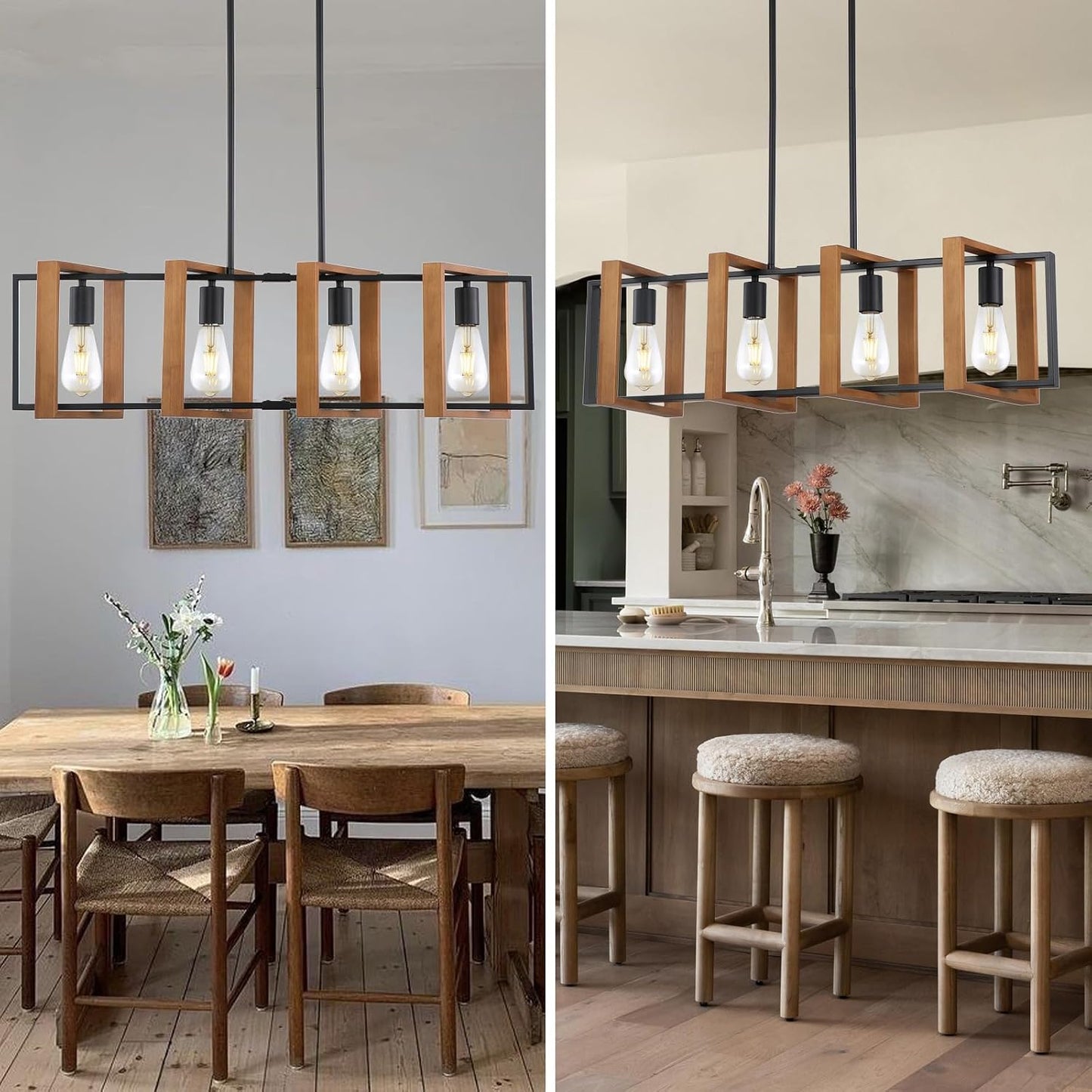 35.4" Kitchen Island Lighting,4 - Light Dining Room Farmhouse Chandelier,Black Modern Pendant Lighting,Pool Table Lights,Wood and Matte Black Metal Finish