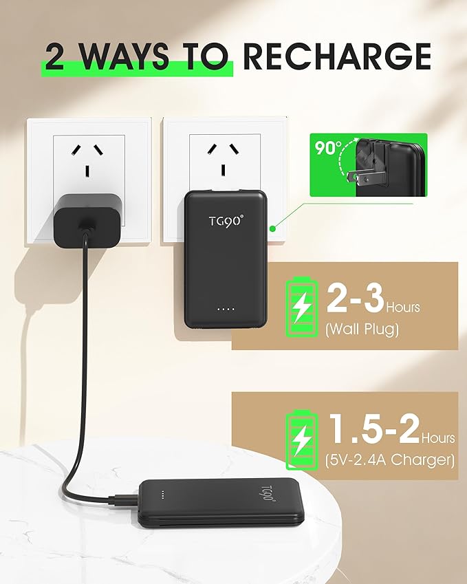 TG90° 2 Pack 5000mAh Power Bank, Small Portable Charge Built-in AC Plug and - Image 5