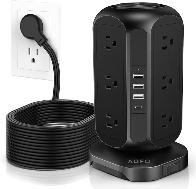 AOFO Long Extension Cord 15 ft Power Strip Tower, Surge Protector 12 AC Outlets by AOFO