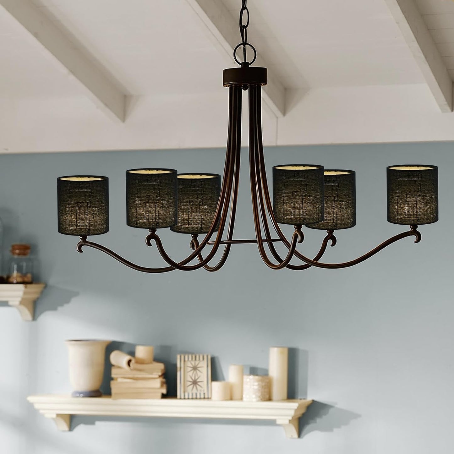 Chandelier Lamp Shades, Small Lamp Shades Clip-on Bulbs Only for Candelabra Bulbs, Black Chandelier Shades 6 Pcs, Mini Lampshades for Chandeliers 5.1" X 5.1" X 5.3, Home Decor Fabric Linen Lampshade