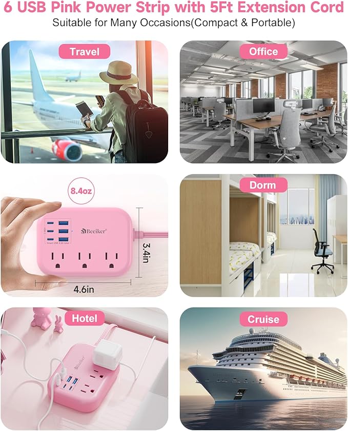 6 USB Pink Power Strip- 5Ft Extension Cord - Image 8
