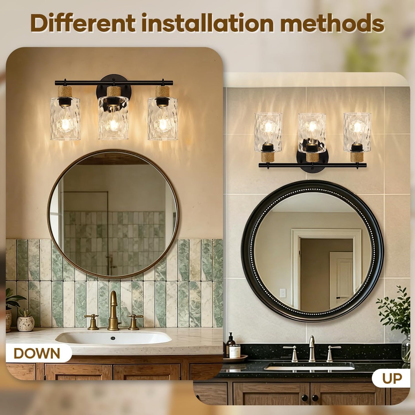 MOKATNG Bathroom Light Fixtures, 3-Light Coastal Vanity Lights with Crystal Glass Shade, Black Bathroom Wall Lamp for Mirror Kitchen Hallway Cabinet