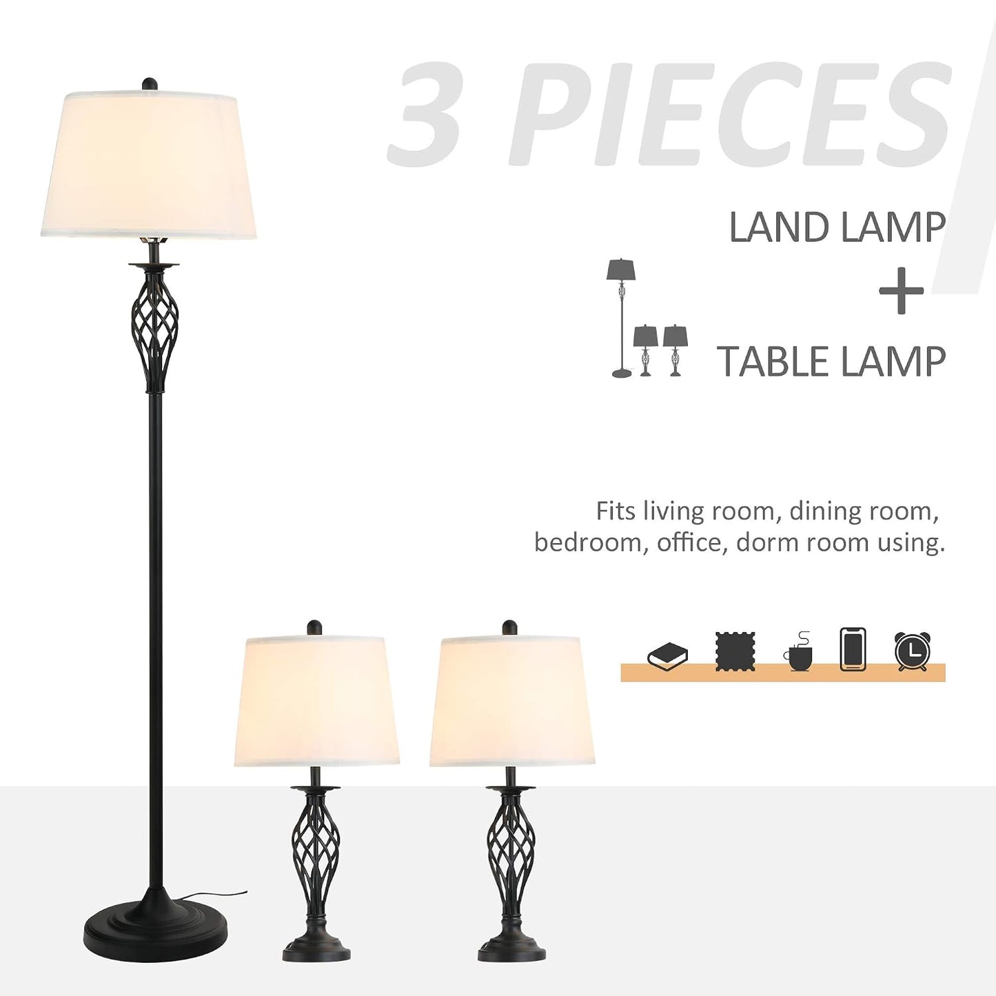 HOMCOM 3 Piece Table Floor Lamp Set with Metal Pole Round Base Black/White | Fabric Lampshade, for Living Room