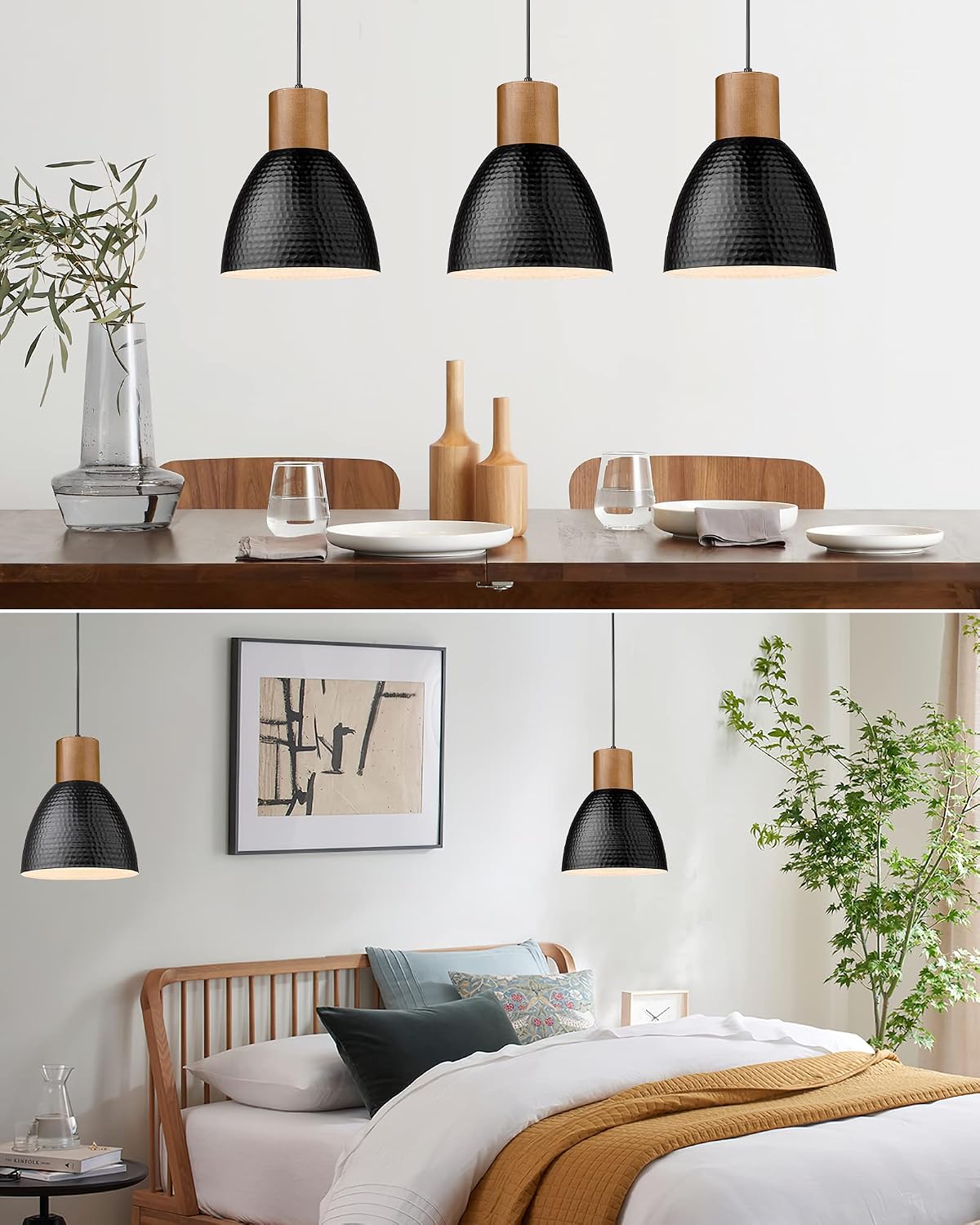 ELYONA 2 Pack Hammered Pendant Lights, 10.2” Industrial Metal Solid Wood Hanging Lamp, Modern Island Pendant Light Fixtures for Kitchen Bar, Farmhouse Dining Room, Bedroom, Living Room, Office, Black