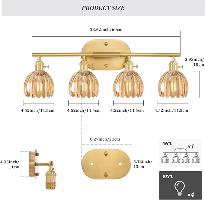 Shenmoyl Bathroom Light Fixtures, 4-Light Brass Vanity Wall Light Over Mirror - Image 3