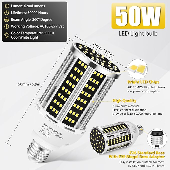 YANYCN 50W 2 Pack LED Corn Light Bulb, 5000K Daylight 6500LM Commercial - Image 3