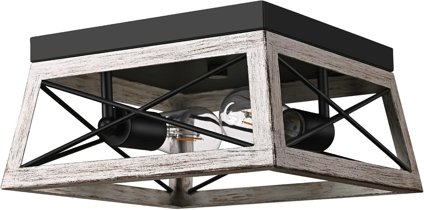 DEWENWILS Farmhouse Flush Mount Ceiling Light, Metal Light Fixture with Wood Grain Finish, 2-Lights Hallway Light Fixture Ceiling Mount for Entryway, Foyer, Dining Room | 2-Lights, Hardwired, E26 Base, Open-Caged, Metal Fixture for Kitchen, Hallway
