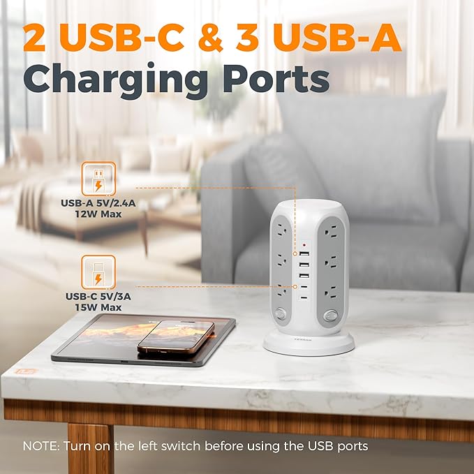 TESSAN Tower Power Strip with Individual Switches, Surge Protector with 12 - Image 4