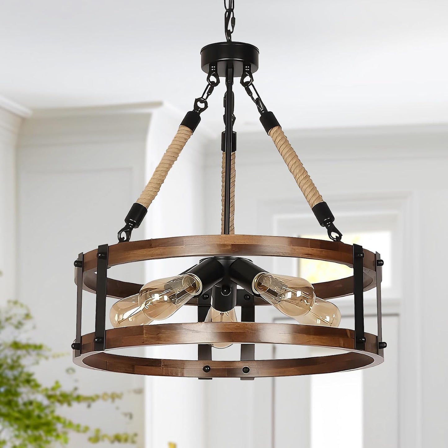 Farmhouse Rustic Chandelier Light Fixture, 5-Light Round Wooden Chandelier, Decorative Lighting Fixture for Dining Room Kitchen Island Breakfast Area